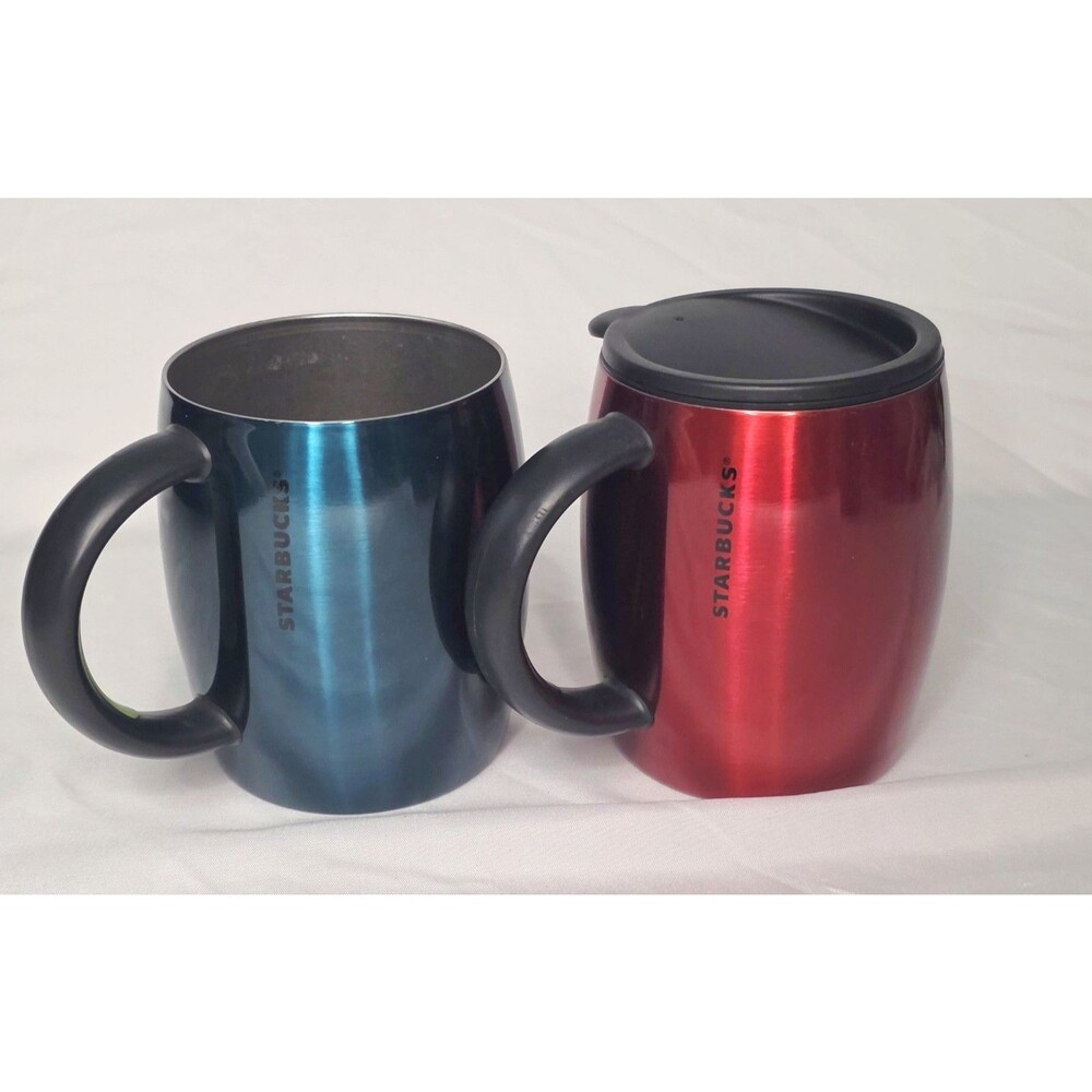 2-Starbucks 2012 Insulated Mugs Stainless Steel Red & Green 14 oz Handle (1 Lid)